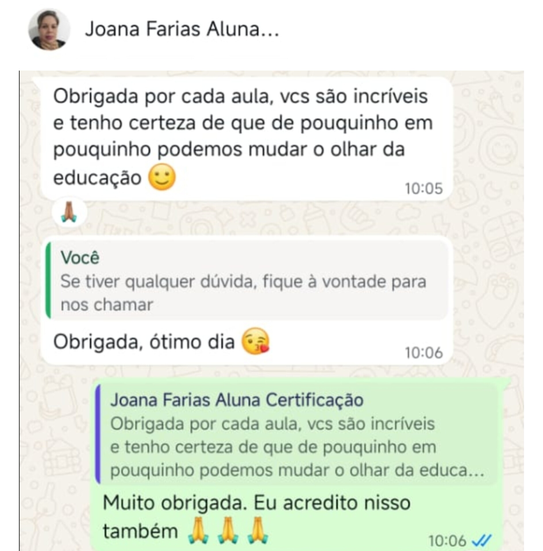 Mensagem da aluna Joana Farias agradecendo pelas aulas da Certificação