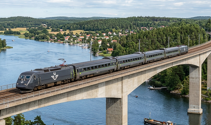 Trem escandinavo atravessando ponte sobre lago entre florestas